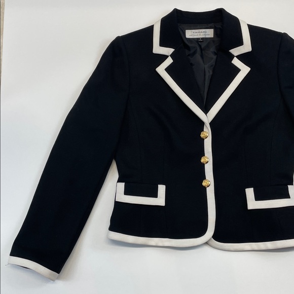 Tahari Black White Trim Blazer Women Tailored Jacket Gold Buttons Sz 8 - Picture 3 of 10